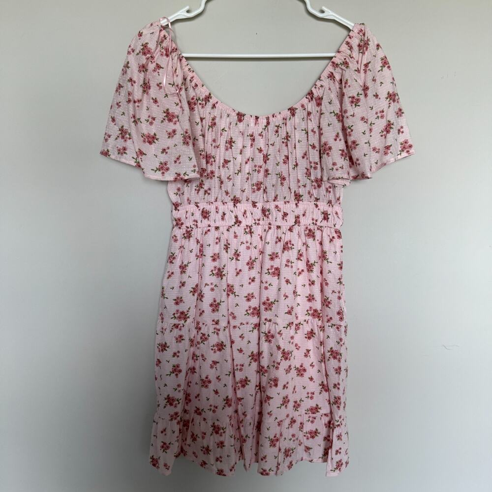 Blu Pepper Dress Women Medium Pink Tie Front Cottagecore Floral Mini Tiered Boho - Picture 9 of 9